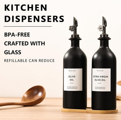 HOMCDALY Olive Oil Dispenser for Kitchen, 11.8oz Glass Kitchen Dispenser Bottle, Black Oil&Vinegar Cruet Set, Leakproof Olive Oil Bottles | Set of 2 (11.8oz – Black)