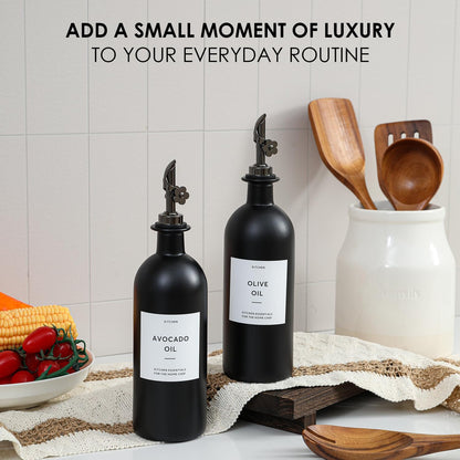 HOMCDALY Olive Oil Dispenser for Kitchen, 11.8oz Glass Kitchen Dispenser Bottle, Black Oil&Vinegar Cruet Set, Leakproof Olive Oil Bottles | Set of 2 (11.8oz – Black)
