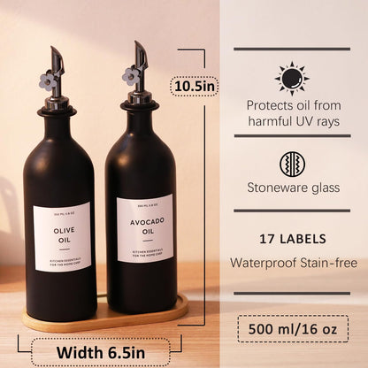 HOMCDALY Olive Oil Dispenser for Kitchen, 11.8oz Glass Kitchen Dispenser Bottle, Black Oil&Vinegar Cruet Set, Leakproof Olive Oil Bottles | Set of 2 (11.8oz – Black)