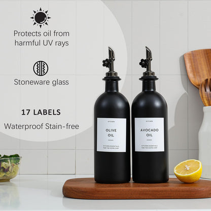 HOMCDALY Olive Oil Dispenser for Kitchen, 11.8oz Glass Kitchen Dispenser Bottle, Black Oil&Vinegar Cruet Set, Leakproof Olive Oil Bottles | Set of 2 (11.8oz – Black)