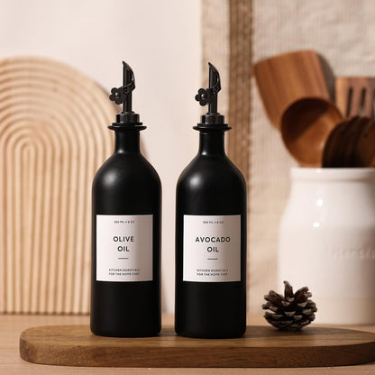 HOMCDALY Olive Oil Dispenser for Kitchen, 11.8oz Glass Kitchen Dispenser Bottle, Black Oil&Vinegar Cruet Set, Leakproof Olive Oil Bottles | Set of 2 (11.8oz – Black)