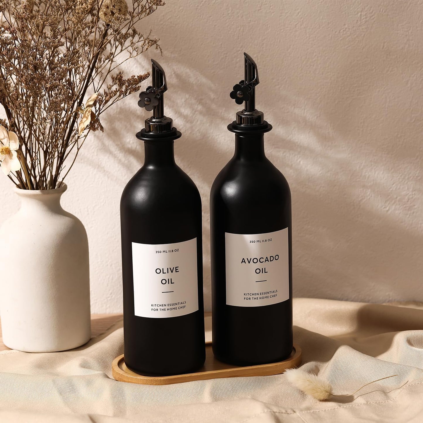 HOMCDALY Olive Oil Dispenser for Kitchen, 11.8oz Glass Kitchen Dispenser Bottle, Black Oil&Vinegar Cruet Set, Leakproof Olive Oil Bottles | Set of 2 (11.8oz – Black)