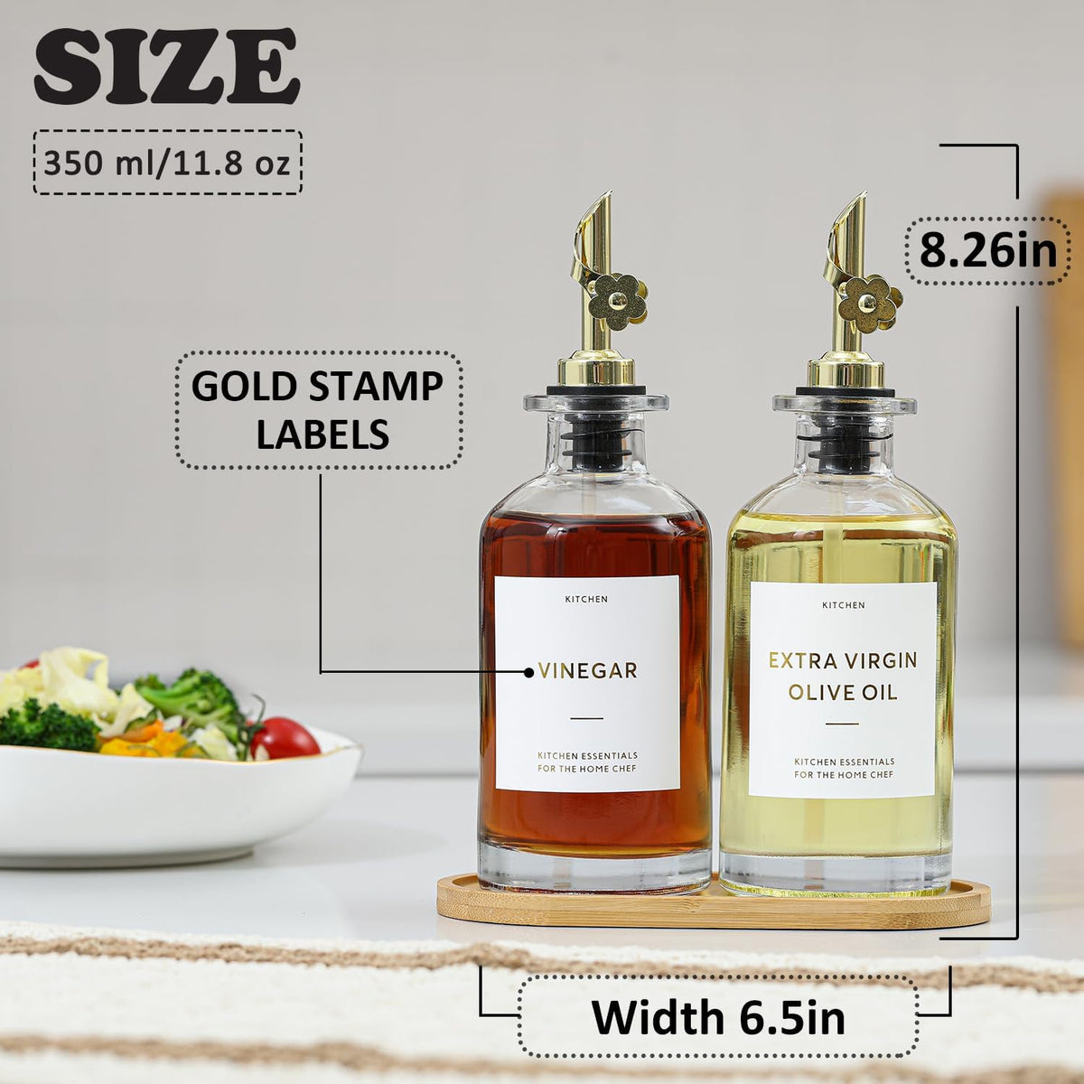 HOMCDALY Olive Oil Dispenser for Kitchen, 11.8oz Glass Kitchen Dispenser Bottle, Black Oil&Vinegar Cruet Set, Leakproof Olive Oil Bottles | Set of 2 (11.8oz – Black)