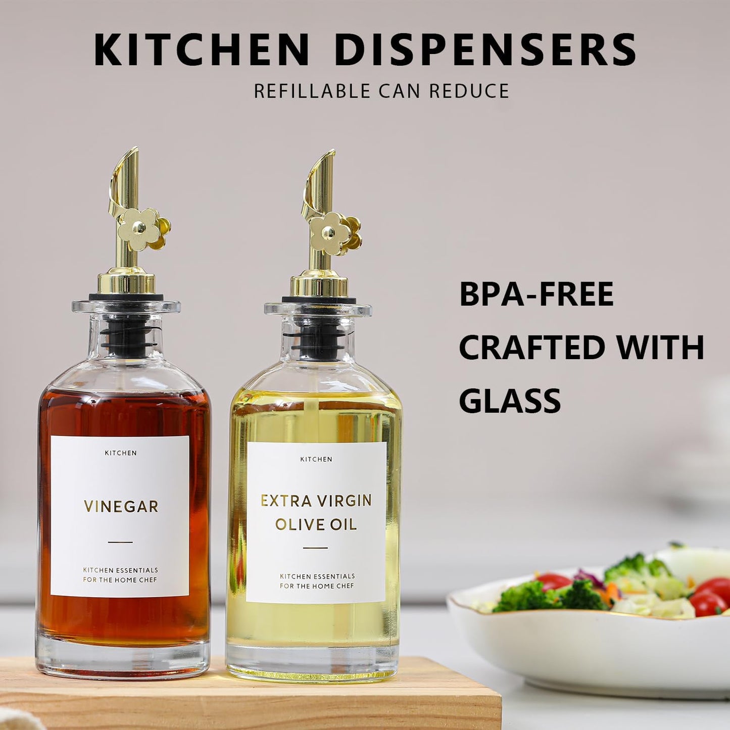 HOMCDALY Olive Oil Dispenser for Kitchen, 11.8oz Glass Kitchen Dispenser Bottle, Black Oil&Vinegar Cruet Set, Leakproof Olive Oil Bottles | Set of 2 (11.8oz – Black)