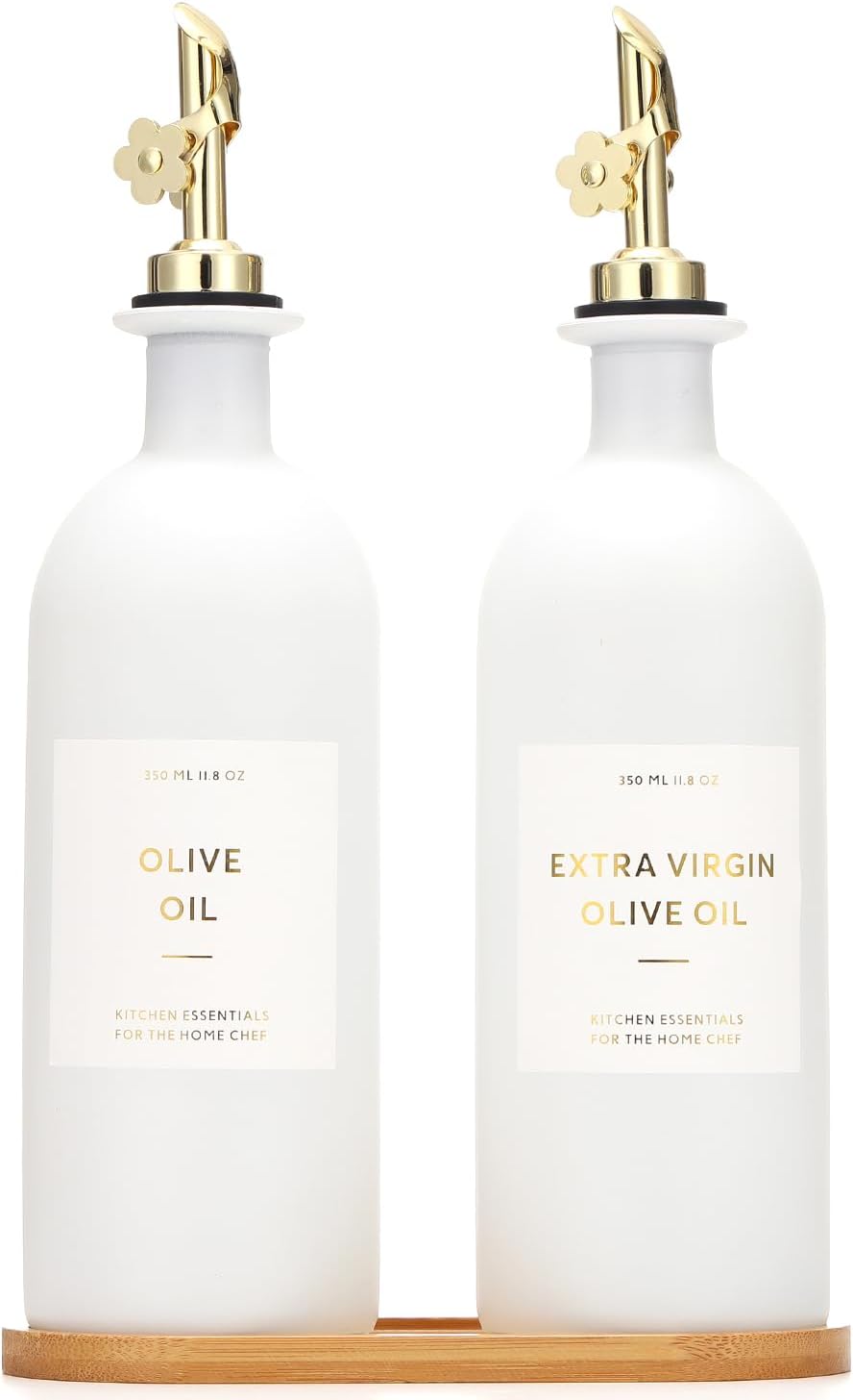 HOMCDALY Olive Oil Dispenser for Kitchen, 11.8oz Glass Kitchen Dispenser Bottle, Black Oil&Vinegar Cruet Set, Leakproof Olive Oil Bottles | Set of 2 (11.8oz – Black)