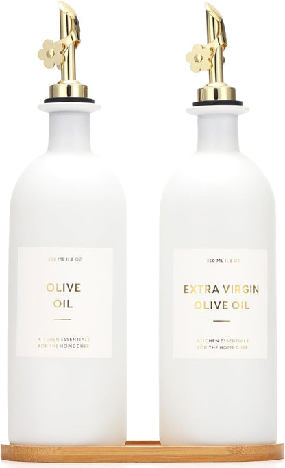 HOMCDALY Olive Oil Dispenser for Kitchen, 11.8oz Glass Kitchen Dispenser Bottle, Black Oil&Vinegar Cruet Set, Leakproof Olive Oil Bottles | Set of 2 (11.8oz – Black)