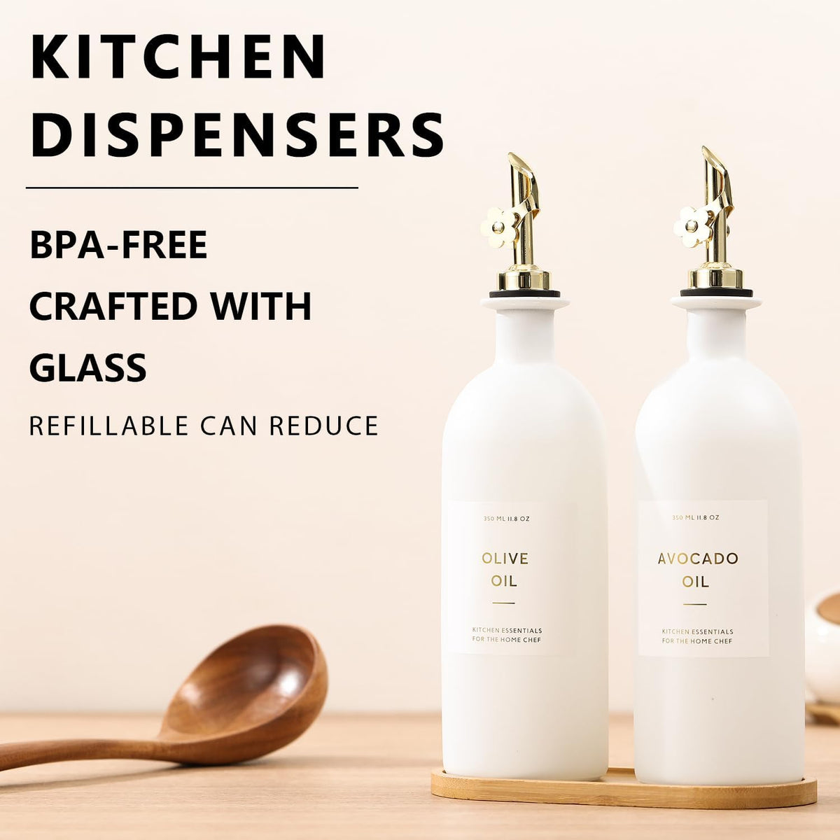 HOMCDALY Olive Oil Dispenser for Kitchen, 11.8oz Glass Kitchen Dispenser Bottle, Black Oil&Vinegar Cruet Set, Leakproof Olive Oil Bottles | Set of 2 (11.8oz – Black)