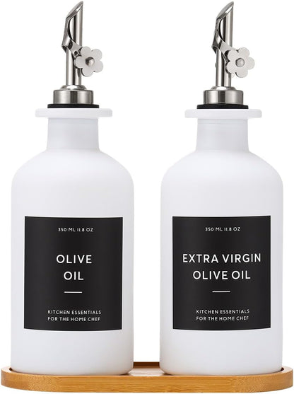HOMCDALY Olive Oil Dispenser for Kitchen, 11.8oz Glass Kitchen Dispenser Bottle, Black Oil&Vinegar Cruet Set, Leakproof Olive Oil Bottles | Set of 2 (11.8oz – Black)