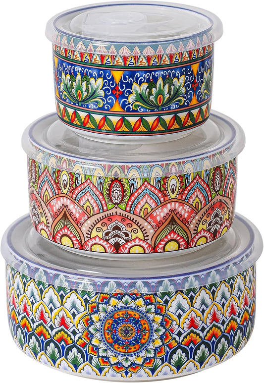 Ceramic Serving Bowls with Lid, 10/20/32 oz, Set of 3 | Colorful Nesting Bowls for Prep, Mixing, Food Storage, Meals, Microwave & Dishwasher Safe