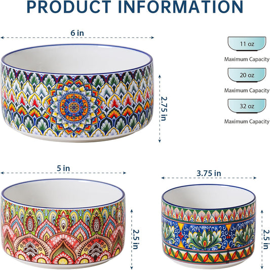 Ceramic Serving Bowls with Lid, 10/20/32 oz, Set of 3 | Colorful Nesting Bowls for Prep, Mixing, Food Storage, Meals, Microwave & Dishwasher Safe