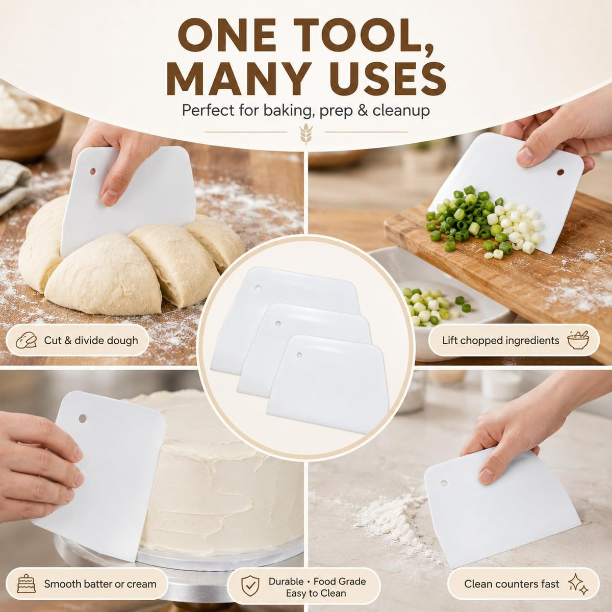 3 Piece Plastic Dough Scraper, Food Grade Trapezoidal Bread Scraper Bowl Scraper Set Multipurpose Kitchen Food Scraper for Bread Cake Fondant Icing Cream Pizza Making Size L M S