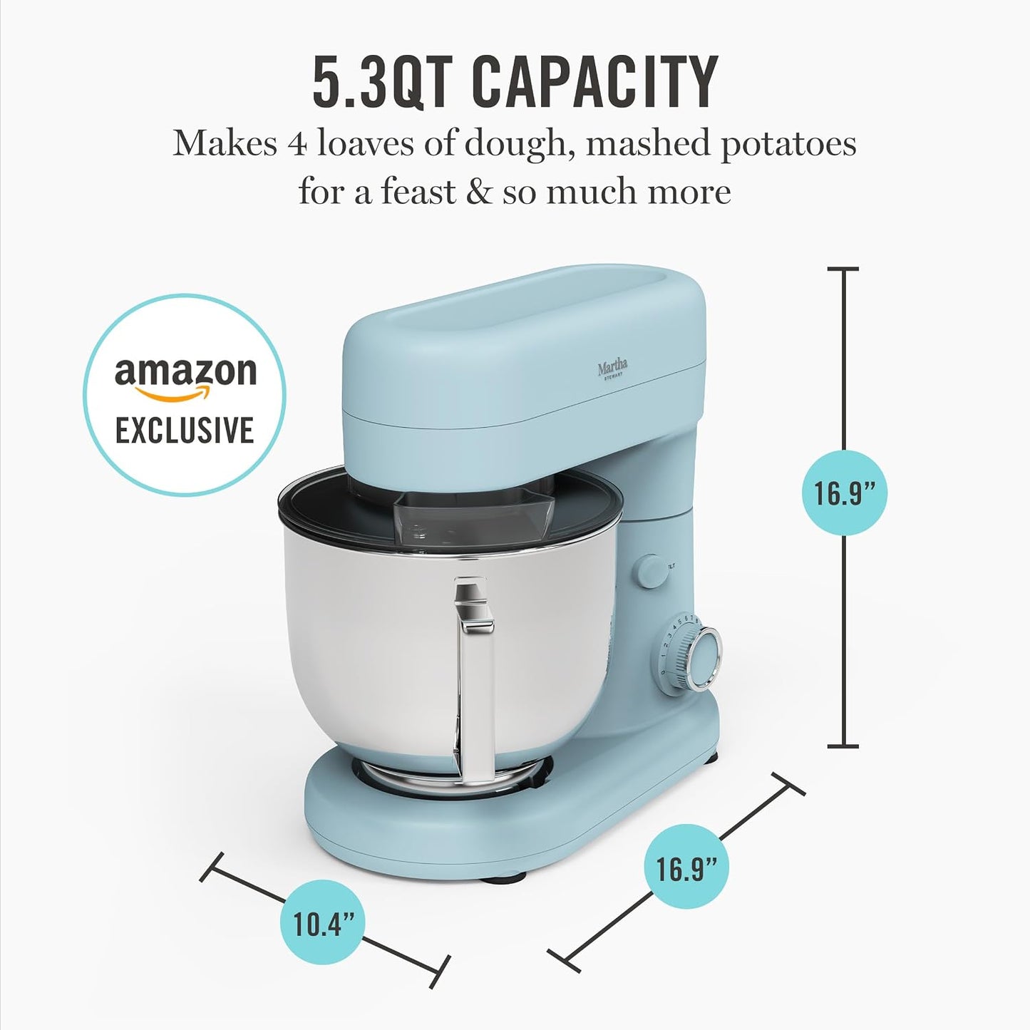 5.3QT Tilt Head Stand Mixer, 12 Speeds, Stainless Steel Bowl | Dough Hook, Stainless Whisk, Beater, Removable Splash Shield, Bread, Cake & Whipping, Electric Kitchen Mixer, Sky Blue