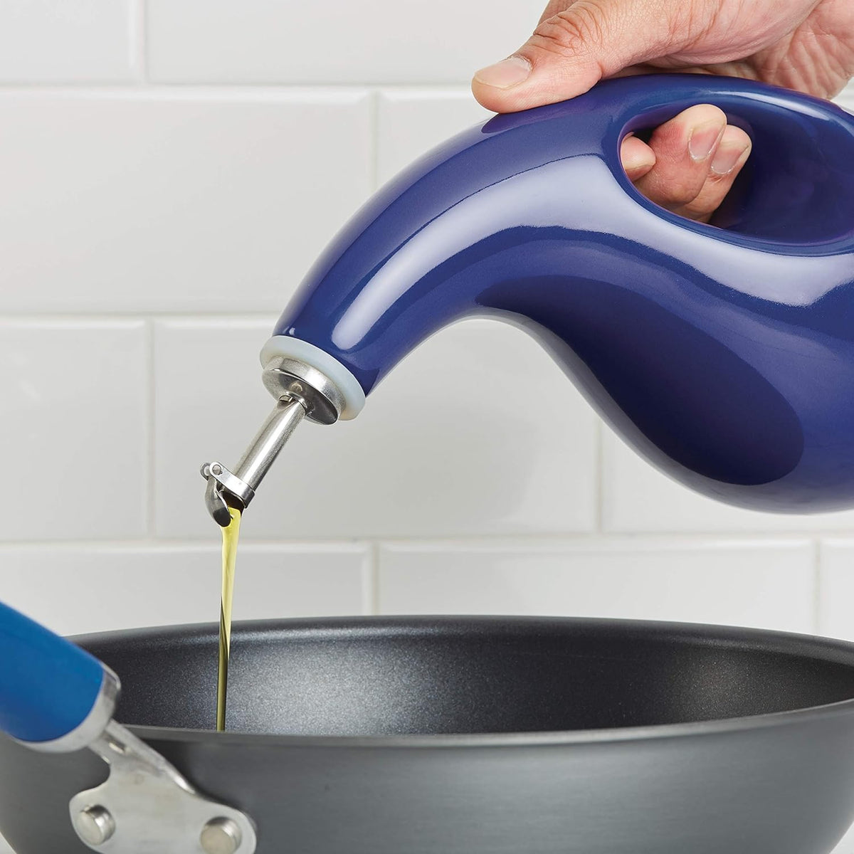 Rachael Ray Ceramic Olive Oil Dispenser Bottle for EVOO Oil and Vinegar, 24-Ounce, Agave Blue