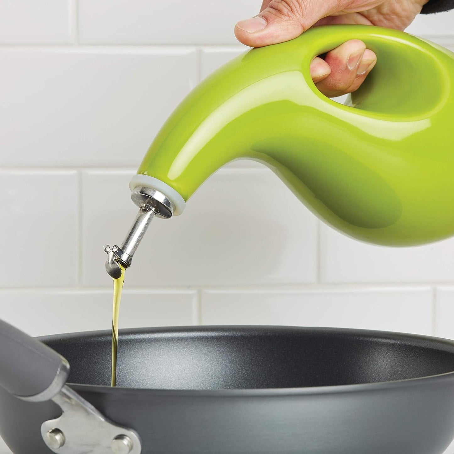 Rachael Ray Ceramic Olive Oil Dispenser Bottle for EVOO Oil and Vinegar, 24-Ounce, Agave Blue
