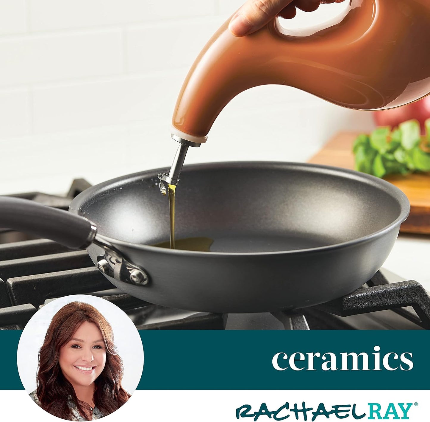 Rachael Ray Ceramic Olive Oil Dispenser Bottle for EVOO Oil and Vinegar, 24-Ounce, Agave Blue