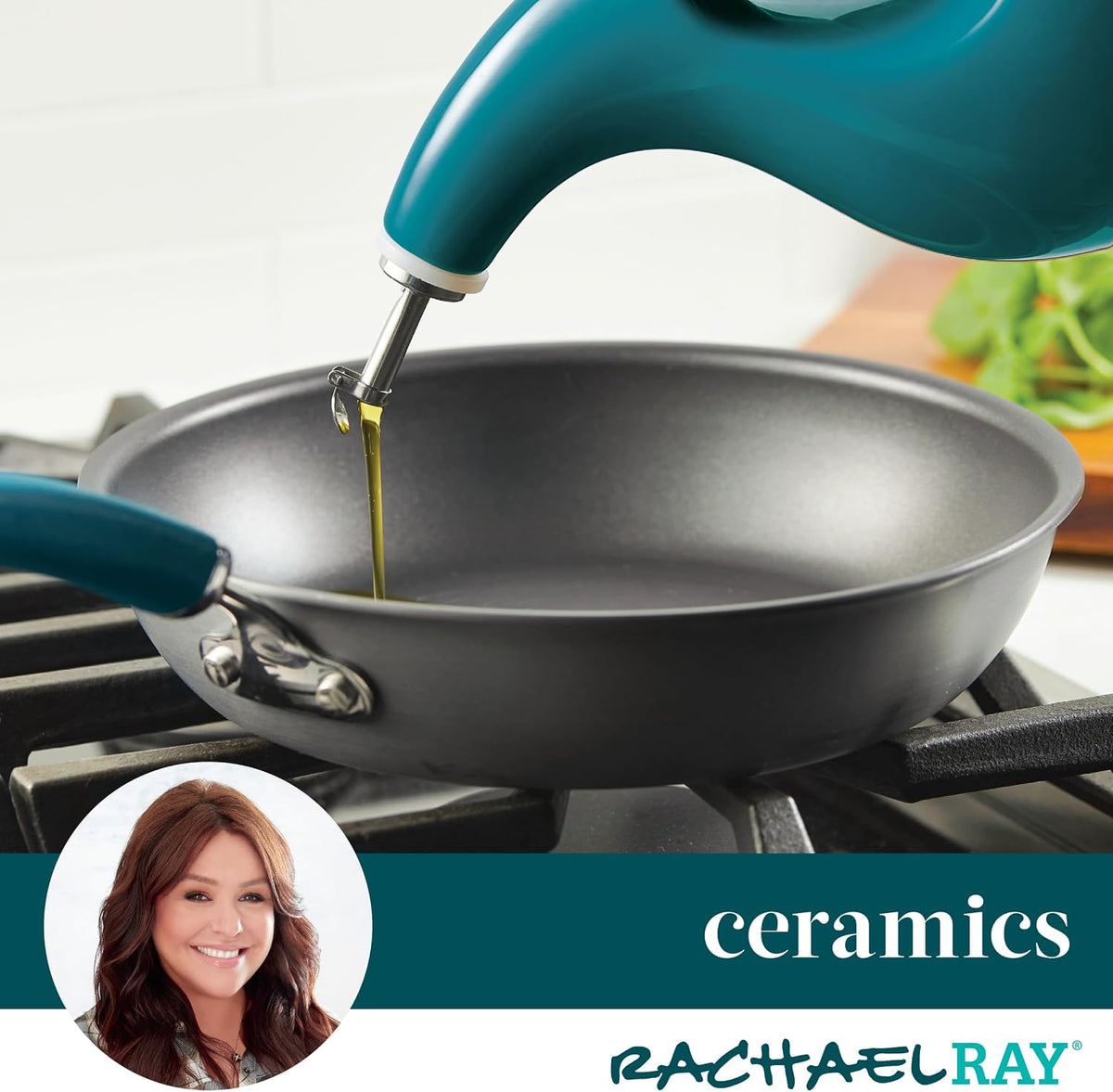 Rachael Ray Ceramic Olive Oil Dispenser Bottle for EVOO Oil and Vinegar, 24-Ounce, Agave Blue