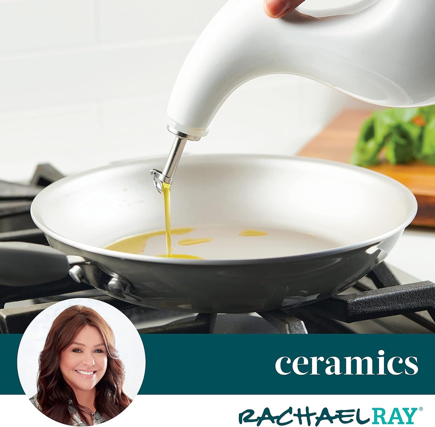 Rachael Ray Ceramic Olive Oil Dispenser Bottle for EVOO Oil and Vinegar, 24-Ounce, Agave Blue