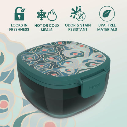 Glass Prints Salad Container - 7.6-Cup Tinted Glass Salad Bowl with Airtight Lid, Leak-Proof Sauce Container, 4-Compartment Bento Meal Prep Tray & Reusable Fork (Floral Maximalist - Sea)
