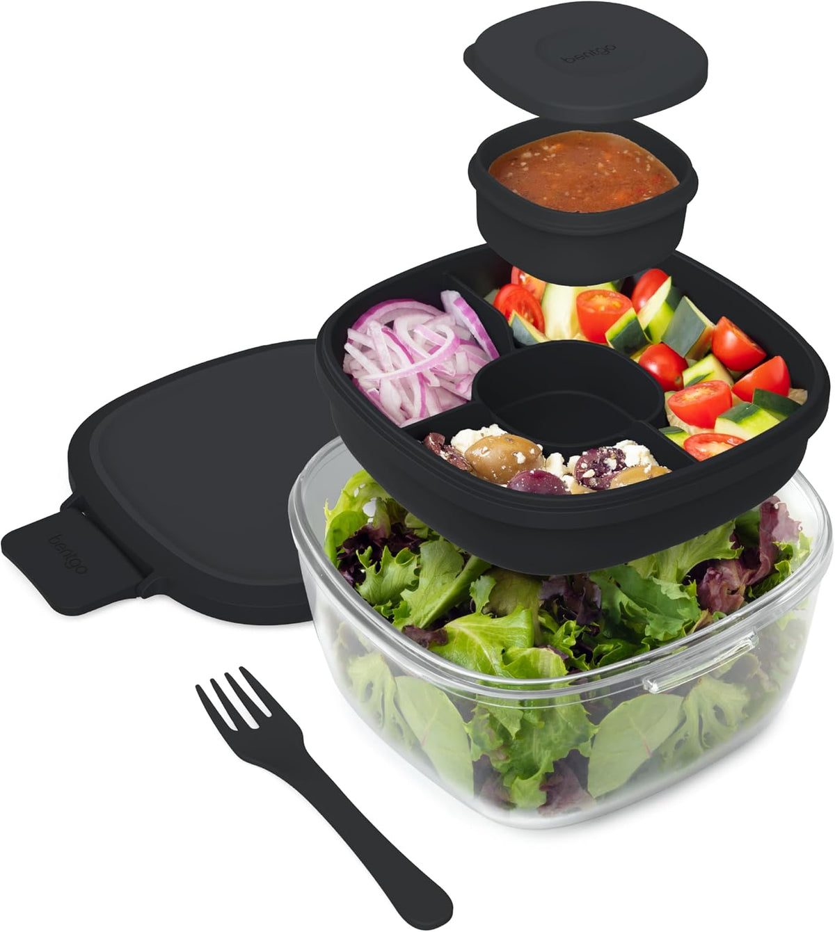 Glass Prints Salad Container - 7.6-Cup Tinted Glass Salad Bowl with Airtight Lid, Leak-Proof Sauce Container, 4-Compartment Bento Meal Prep Tray & Reusable Fork (Floral Maximalist - Sea)