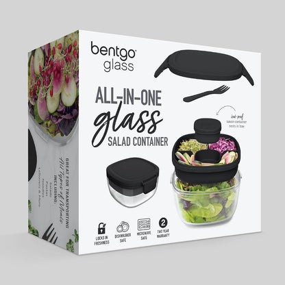 Glass Prints Salad Container - 7.6-Cup Tinted Glass Salad Bowl with Airtight Lid, Leak-Proof Sauce Container, 4-Compartment Bento Meal Prep Tray & Reusable Fork (Floral Maximalist - Sea)