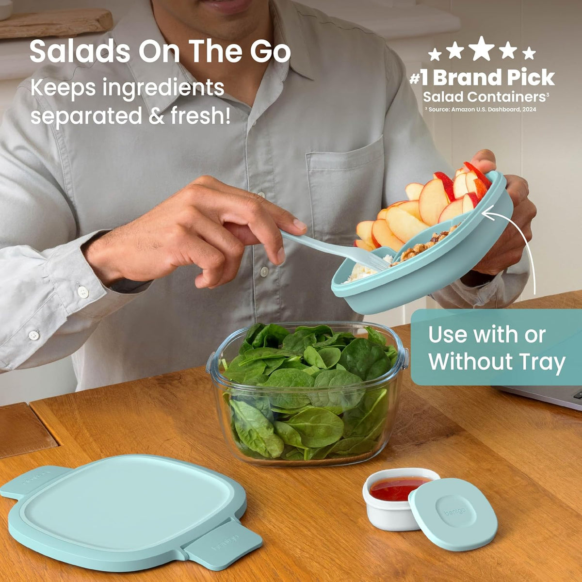 Glass Prints Salad Container - 7.6-Cup Tinted Glass Salad Bowl with Airtight Lid, Leak-Proof Sauce Container, 4-Compartment Bento Meal Prep Tray & Reusable Fork (Floral Maximalist - Sea)