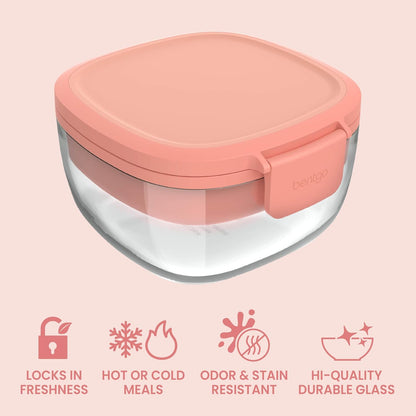 Glass Prints Salad Container - 7.6-Cup Tinted Glass Salad Bowl with Airtight Lid, Leak-Proof Sauce Container, 4-Compartment Bento Meal Prep Tray & Reusable Fork (Floral Maximalist - Sea)