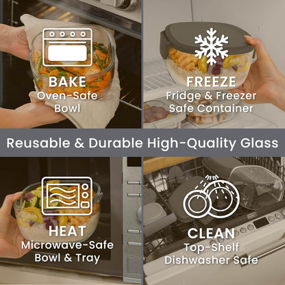 Glass Prints Salad Container - 7.6-Cup Tinted Glass Salad Bowl with Airtight Lid, Leak-Proof Sauce Container, 4-Compartment Bento Meal Prep Tray & Reusable Fork (Floral Maximalist - Sea)