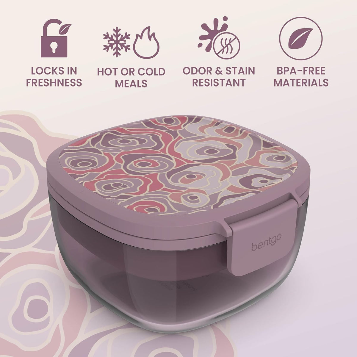 Glass Prints Salad Container - 7.6-Cup Tinted Glass Salad Bowl with Airtight Lid, Leak-Proof Sauce Container, 4-Compartment Bento Meal Prep Tray & Reusable Fork (Floral Maximalist - Sea)