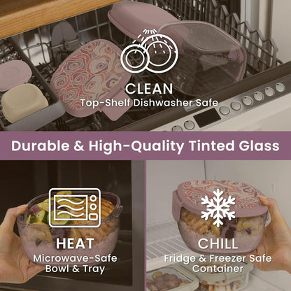 Glass Prints Salad Container - 7.6-Cup Tinted Glass Salad Bowl with Airtight Lid, Leak-Proof Sauce Container, 4-Compartment Bento Meal Prep Tray & Reusable Fork (Floral Maximalist - Sea)