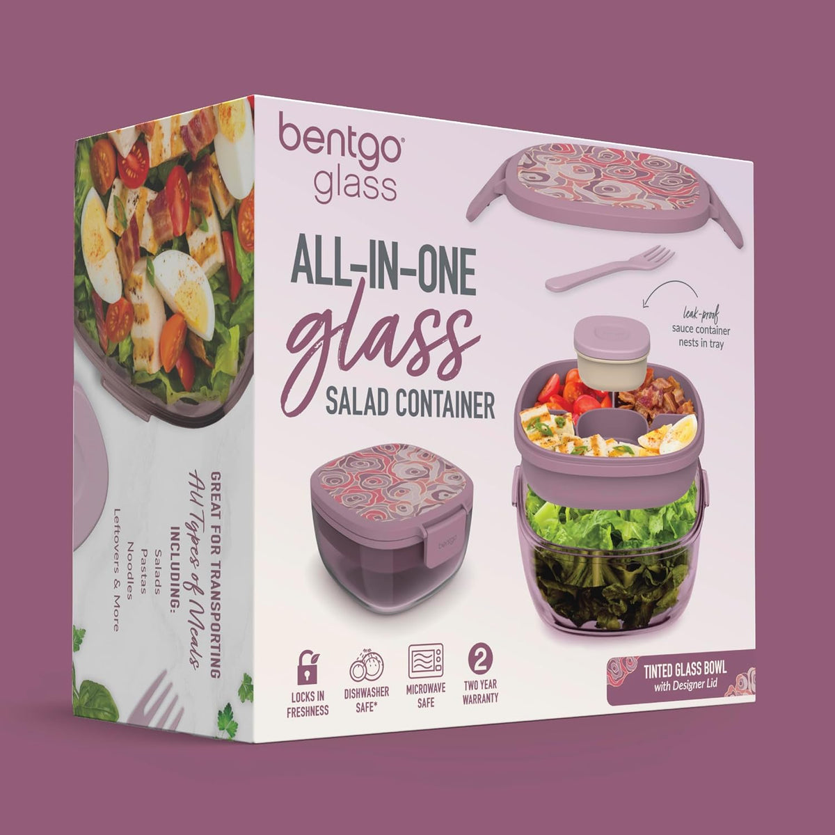 Glass Prints Salad Container - 7.6-Cup Tinted Glass Salad Bowl with Airtight Lid, Leak-Proof Sauce Container, 4-Compartment Bento Meal Prep Tray & Reusable Fork (Floral Maximalist - Sea)