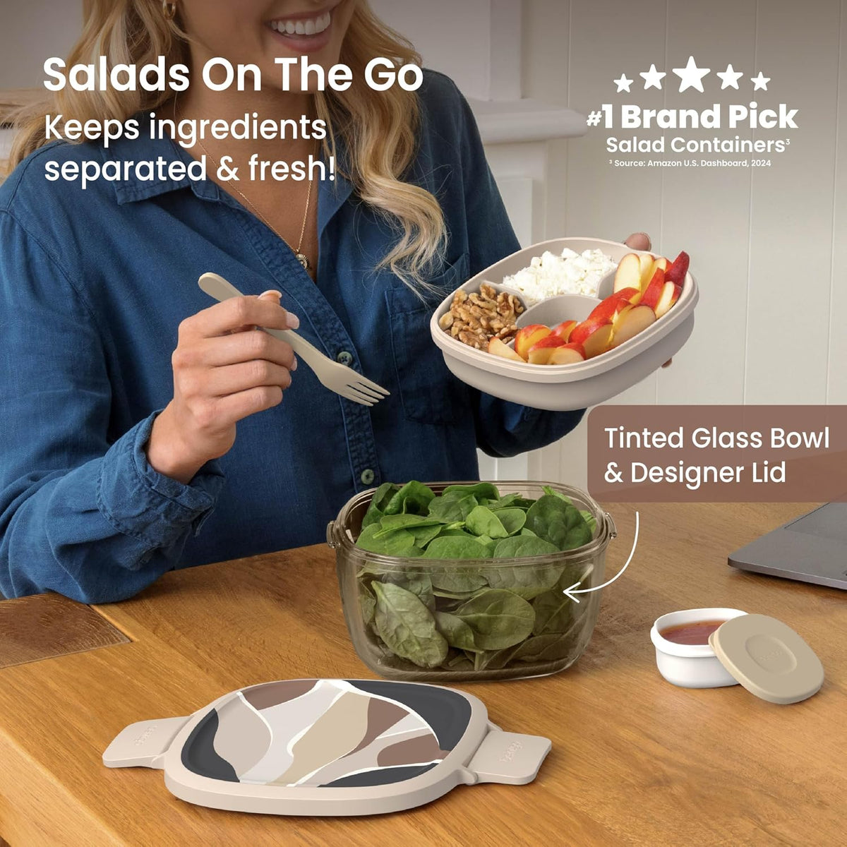 Glass Prints Salad Container - 7.6-Cup Tinted Glass Salad Bowl with Airtight Lid, Leak-Proof Sauce Container, 4-Compartment Bento Meal Prep Tray & Reusable Fork (Floral Maximalist - Sea)