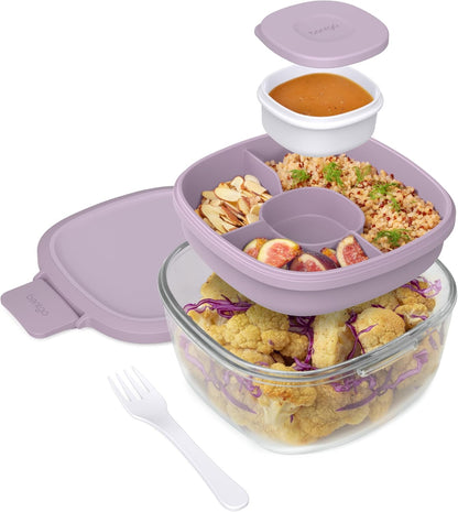 Glass Prints Salad Container - 7.6-Cup Tinted Glass Salad Bowl with Airtight Lid, Leak-Proof Sauce Container, 4-Compartment Bento Meal Prep Tray & Reusable Fork (Floral Maximalist - Sea)