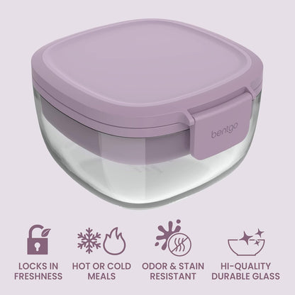 Glass Prints Salad Container - 7.6-Cup Tinted Glass Salad Bowl with Airtight Lid, Leak-Proof Sauce Container, 4-Compartment Bento Meal Prep Tray & Reusable Fork (Floral Maximalist - Sea)