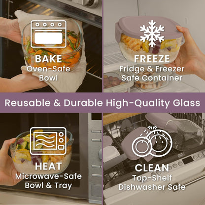 Glass Prints Salad Container - 7.6-Cup Tinted Glass Salad Bowl with Airtight Lid, Leak-Proof Sauce Container, 4-Compartment Bento Meal Prep Tray & Reusable Fork (Floral Maximalist - Sea)