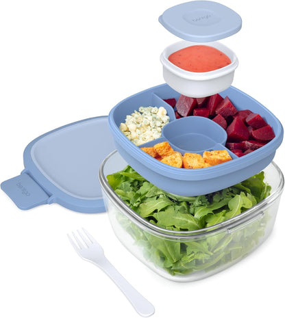 Glass Prints Salad Container - 7.6-Cup Tinted Glass Salad Bowl with Airtight Lid, Leak-Proof Sauce Container, 4-Compartment Bento Meal Prep Tray & Reusable Fork (Floral Maximalist - Sea)