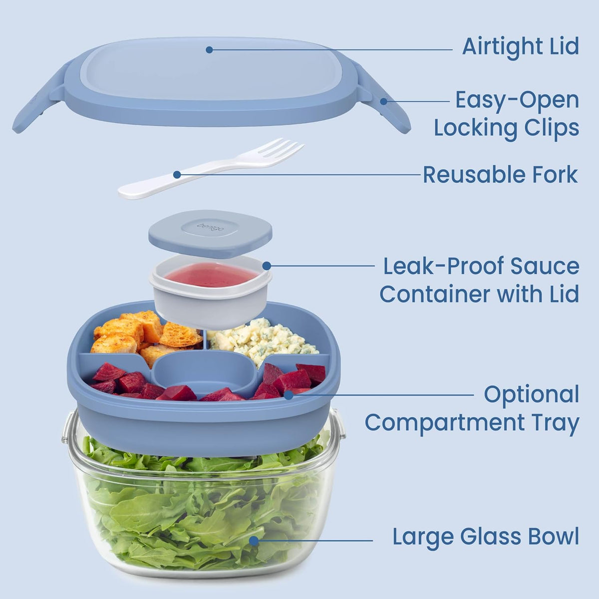 Glass Prints Salad Container - 7.6-Cup Tinted Glass Salad Bowl with Airtight Lid, Leak-Proof Sauce Container, 4-Compartment Bento Meal Prep Tray & Reusable Fork (Floral Maximalist - Sea)