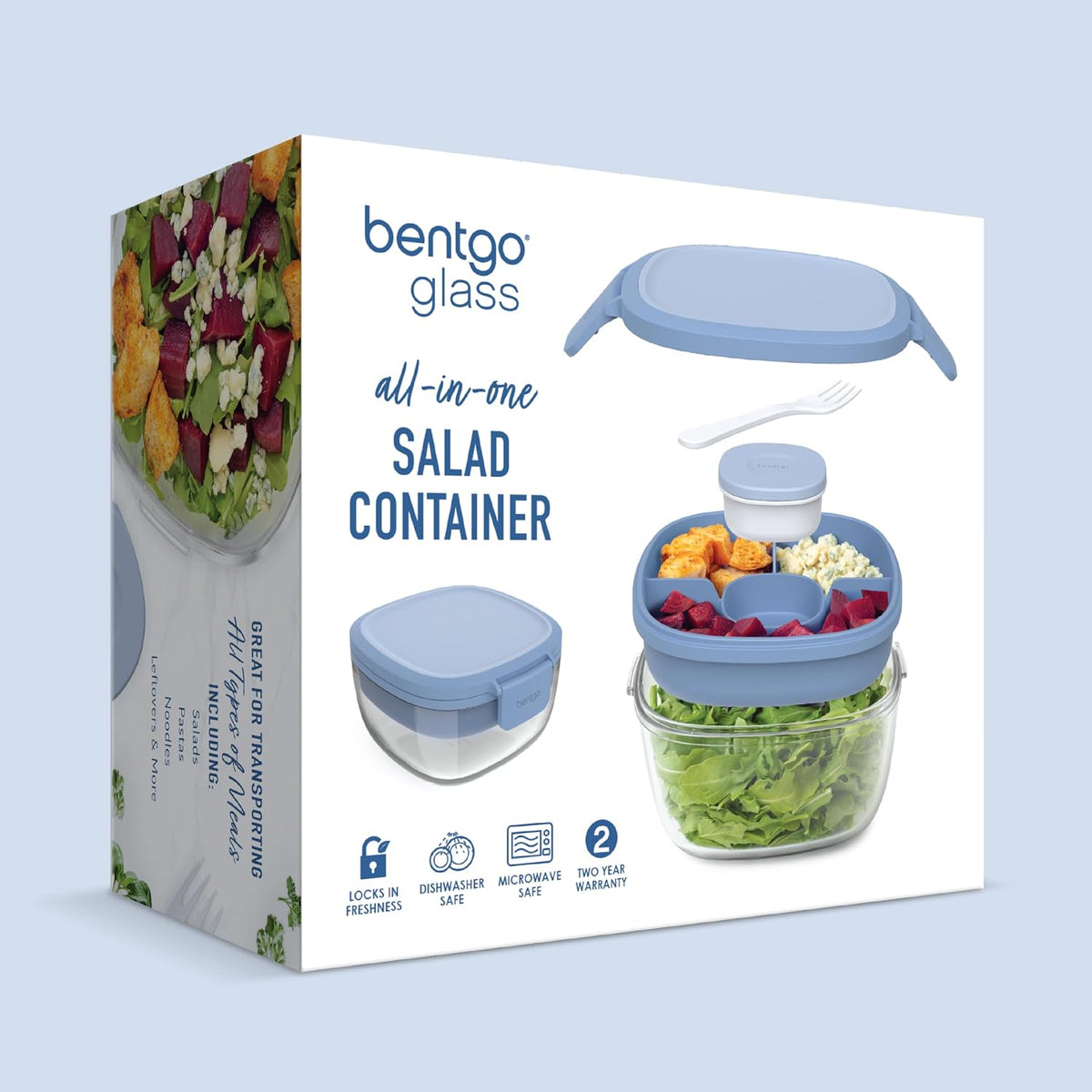 Glass Prints Salad Container - 7.6-Cup Tinted Glass Salad Bowl with Airtight Lid, Leak-Proof Sauce Container, 4-Compartment Bento Meal Prep Tray & Reusable Fork (Floral Maximalist - Sea)