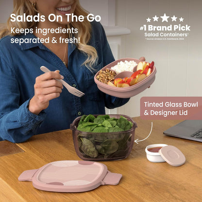 Glass Prints Salad Container - 7.6-Cup Tinted Glass Salad Bowl with Airtight Lid, Leak-Proof Sauce Container, 4-Compartment Bento Meal Prep Tray & Reusable Fork (Floral Maximalist - Sea)