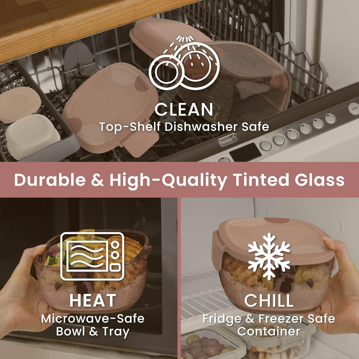 Glass Prints Salad Container - 7.6-Cup Tinted Glass Salad Bowl with Airtight Lid, Leak-Proof Sauce Container, 4-Compartment Bento Meal Prep Tray & Reusable Fork (Floral Maximalist - Sea)