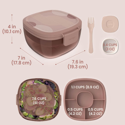 Glass Prints Salad Container - 7.6-Cup Tinted Glass Salad Bowl with Airtight Lid, Leak-Proof Sauce Container, 4-Compartment Bento Meal Prep Tray & Reusable Fork (Floral Maximalist - Sea)