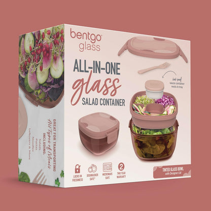 Glass Prints Salad Container - 7.6-Cup Tinted Glass Salad Bowl with Airtight Lid, Leak-Proof Sauce Container, 4-Compartment Bento Meal Prep Tray & Reusable Fork (Floral Maximalist - Sea)