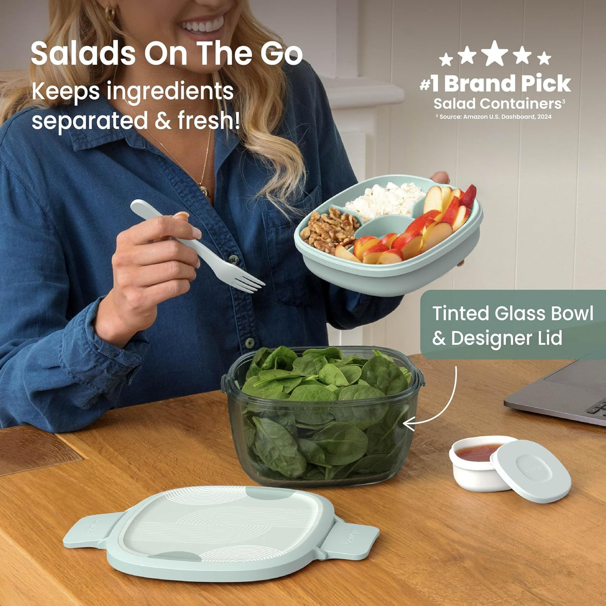 Glass Prints Salad Container - 7.6-Cup Tinted Glass Salad Bowl with Airtight Lid, Leak-Proof Sauce Container, 4-Compartment Bento Meal Prep Tray & Reusable Fork (Floral Maximalist - Sea)
