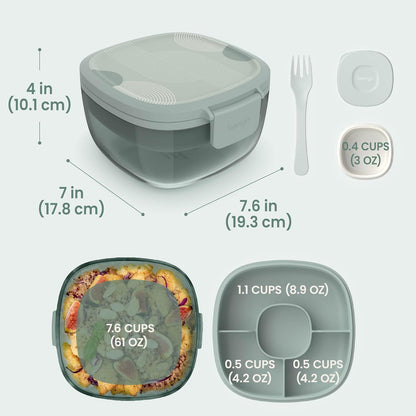 Glass Prints Salad Container - 7.6-Cup Tinted Glass Salad Bowl with Airtight Lid, Leak-Proof Sauce Container, 4-Compartment Bento Meal Prep Tray & Reusable Fork (Floral Maximalist - Sea)