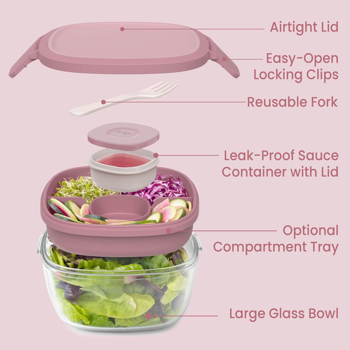 Glass Prints Salad Container - 7.6-Cup Tinted Glass Salad Bowl with Airtight Lid, Leak-Proof Sauce Container, 4-Compartment Bento Meal Prep Tray & Reusable Fork (Floral Maximalist - Sea)