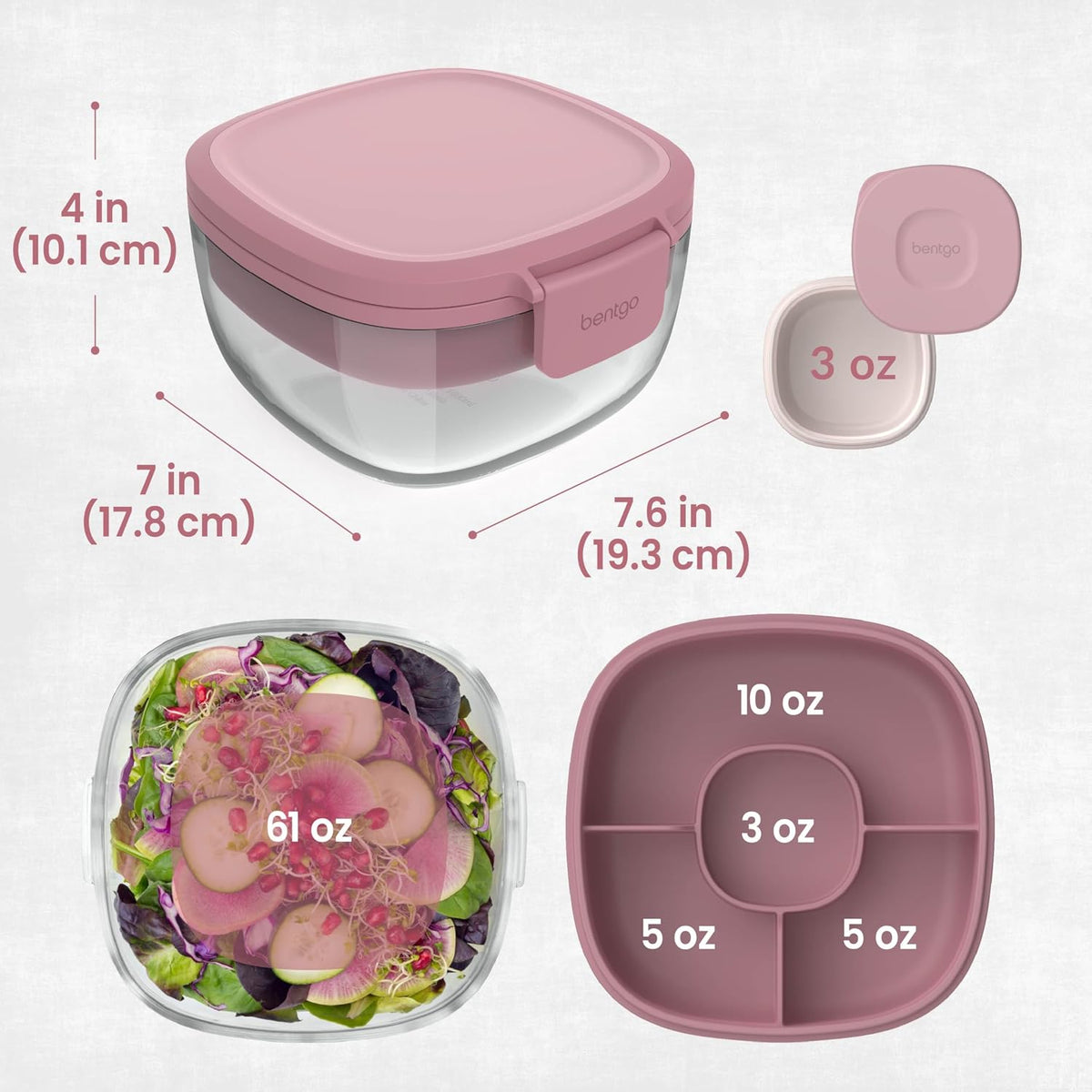 Glass Prints Salad Container - 7.6-Cup Tinted Glass Salad Bowl with Airtight Lid, Leak-Proof Sauce Container, 4-Compartment Bento Meal Prep Tray & Reusable Fork (Floral Maximalist - Sea)