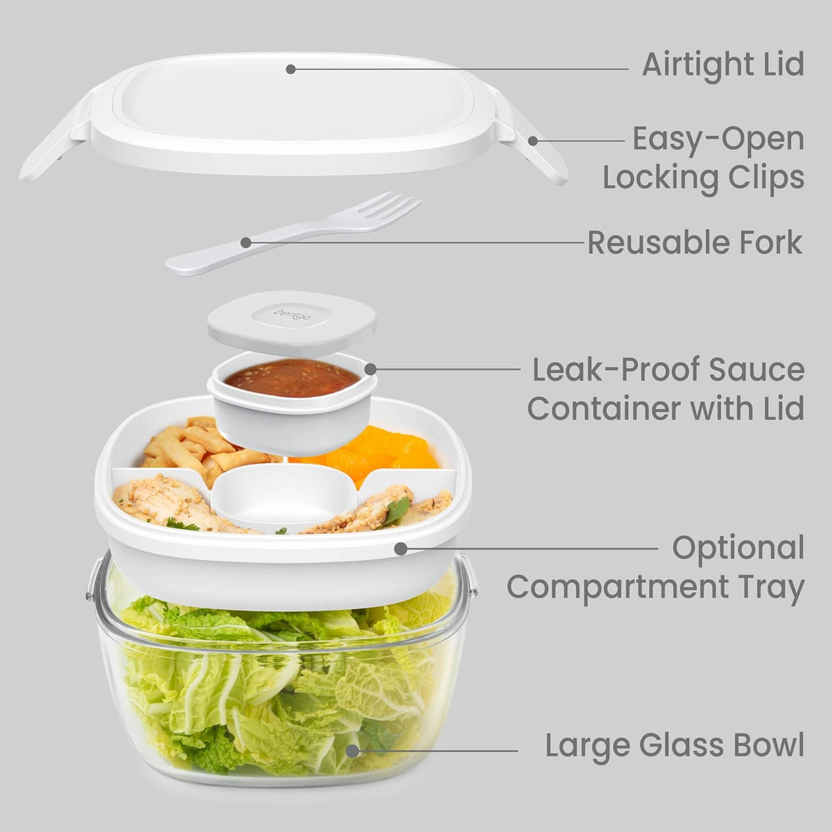 Glass Prints Salad Container - 7.6-Cup Tinted Glass Salad Bowl with Airtight Lid, Leak-Proof Sauce Container, 4-Compartment Bento Meal Prep Tray & Reusable Fork (Floral Maximalist - Sea)