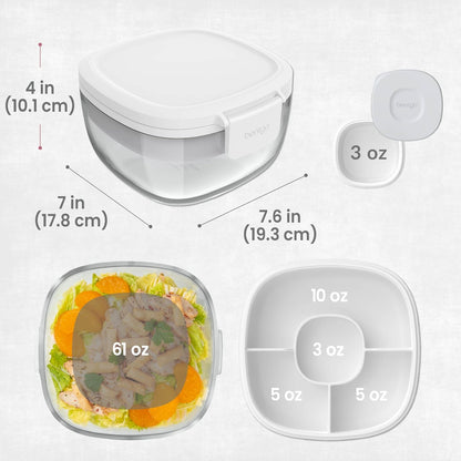 Glass Prints Salad Container - 7.6-Cup Tinted Glass Salad Bowl with Airtight Lid, Leak-Proof Sauce Container, 4-Compartment Bento Meal Prep Tray & Reusable Fork (Floral Maximalist - Sea)
