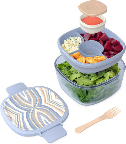 Glass Prints Salad Container - 7.6-Cup Tinted Glass Salad Bowl with Airtight Lid, Leak-Proof Sauce Container, 4-Compartment Bento Meal Prep Tray & Reusable Fork (Floral Maximalist - Sea)