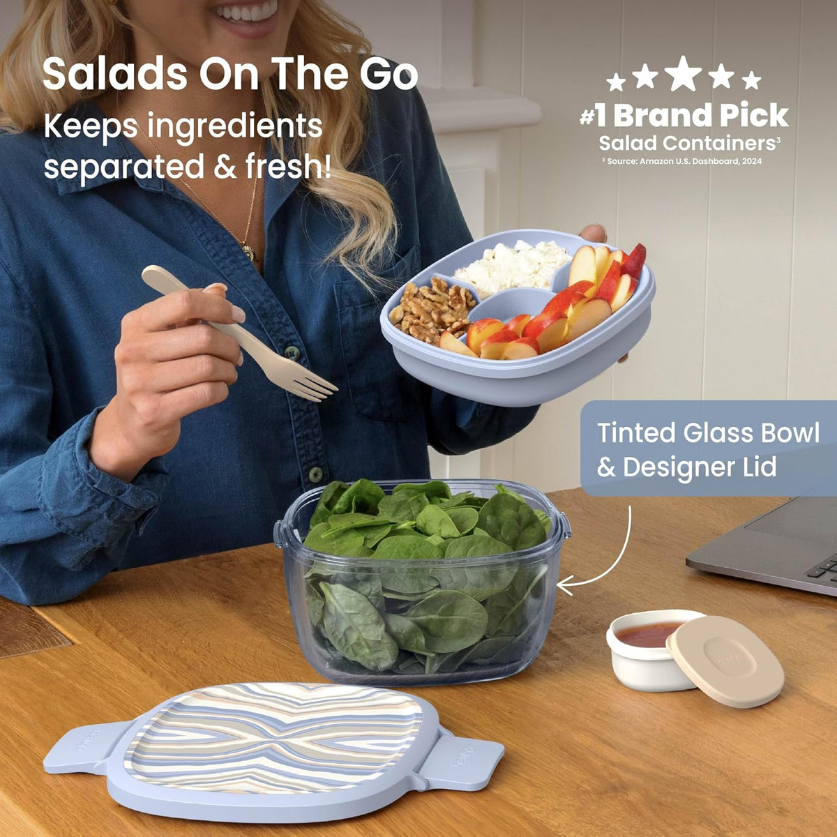 Glass Prints Salad Container - 7.6-Cup Tinted Glass Salad Bowl with Airtight Lid, Leak-Proof Sauce Container, 4-Compartment Bento Meal Prep Tray & Reusable Fork (Floral Maximalist - Sea)