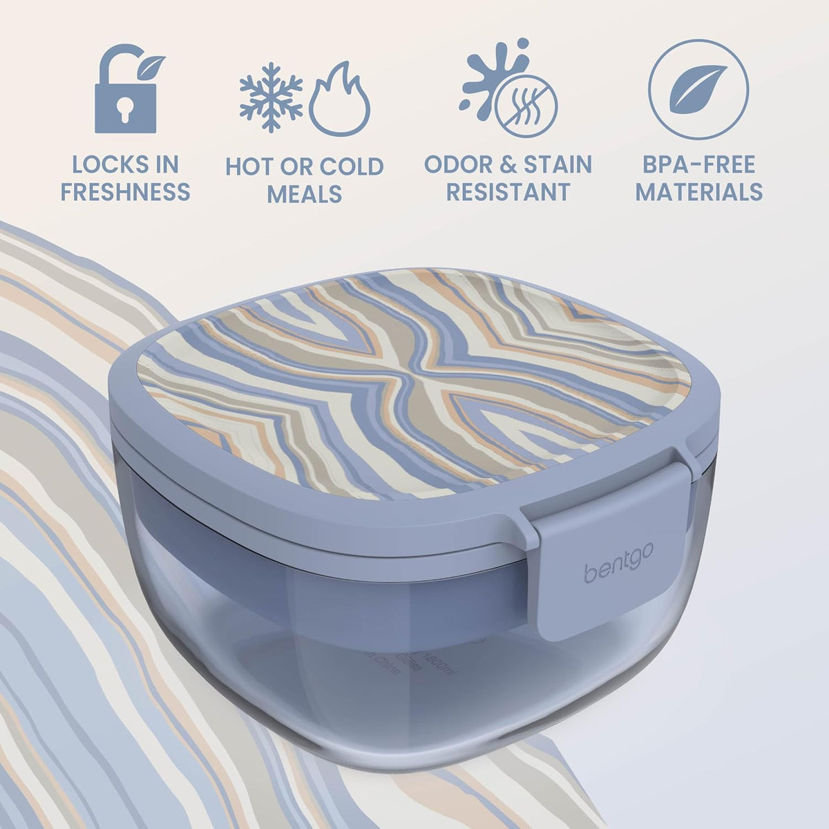 Glass Prints Salad Container - 7.6-Cup Tinted Glass Salad Bowl with Airtight Lid, Leak-Proof Sauce Container, 4-Compartment Bento Meal Prep Tray & Reusable Fork (Floral Maximalist - Sea)